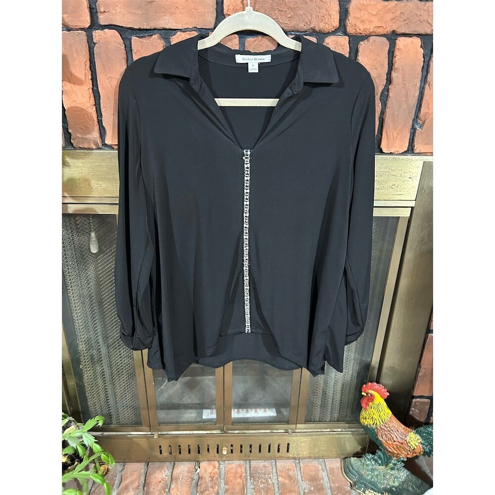 Studio Works Blouse Womens M Black Tunic Collared Long Sleeve Zip
